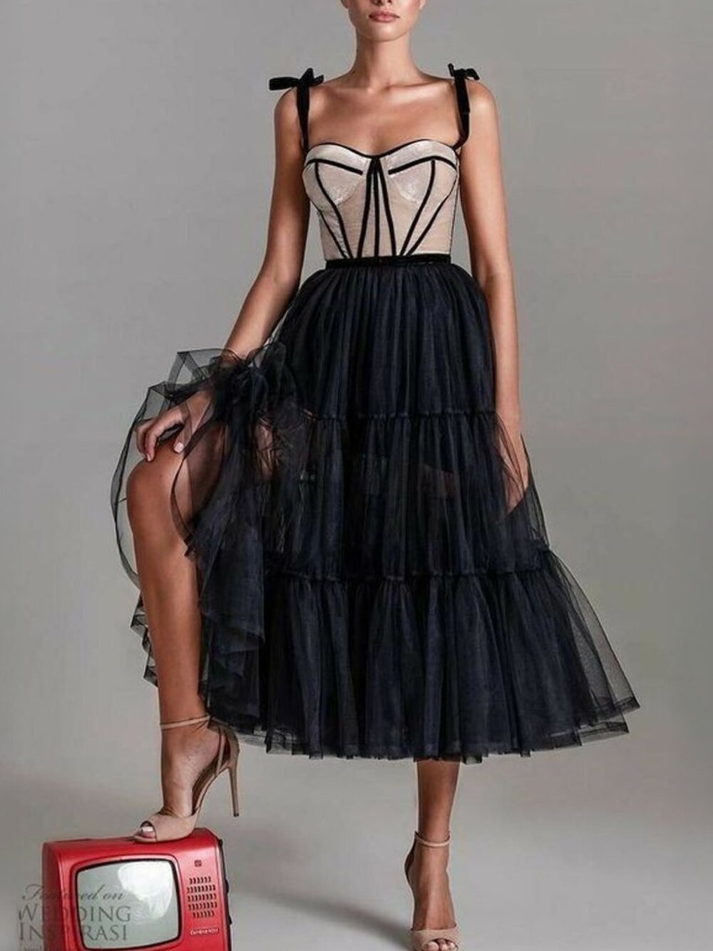 Milla Black Velvet Corset Tulle Midi Princess Dress Size XXS